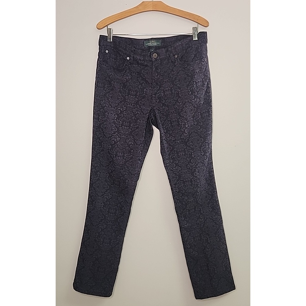 LRL Ralph Lauren Ladies Size 12 Floral Navy Blue Gray Straight Stretch Jeans